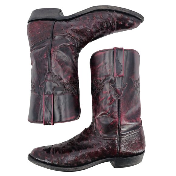 Lucchese FQ Ostrich Exotic Men 9D Black Cherry Leather Cowboy Western Boot Roper - Picture 4 of 14